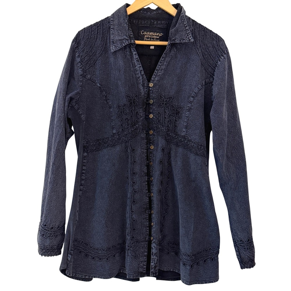 Caamano Embroidered Button Down Shirt Womens XXL Blue 100% Cotton Excellent Boho